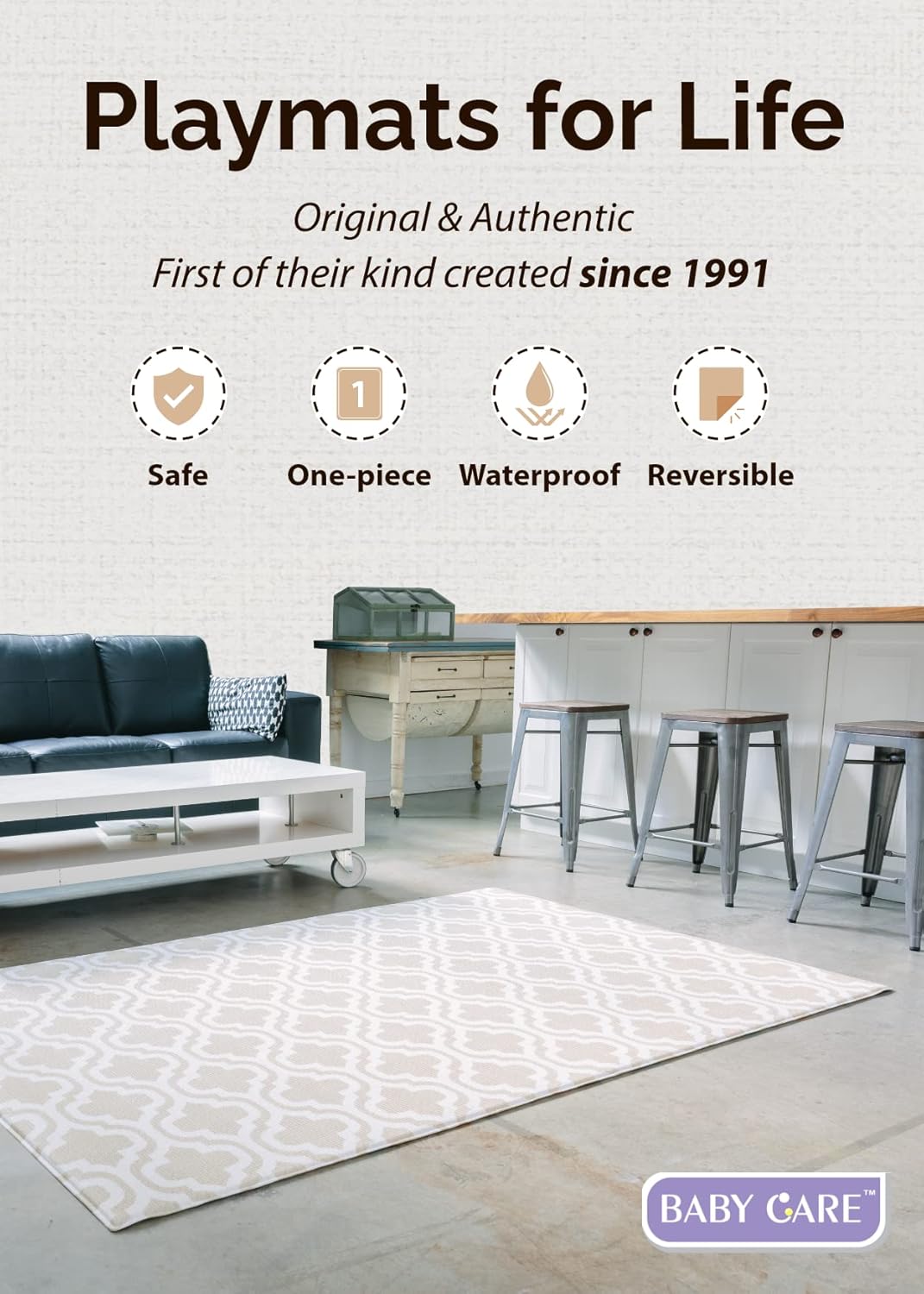 Baby Care Play Mat (Large, Moroccan - Beige) 82'' x 55'' Original One-Piece Reversible Rollable Waterproof Baby Mat, Floor Cushion for Babies 6-12 Months, Infants, Toddlers, and Kids