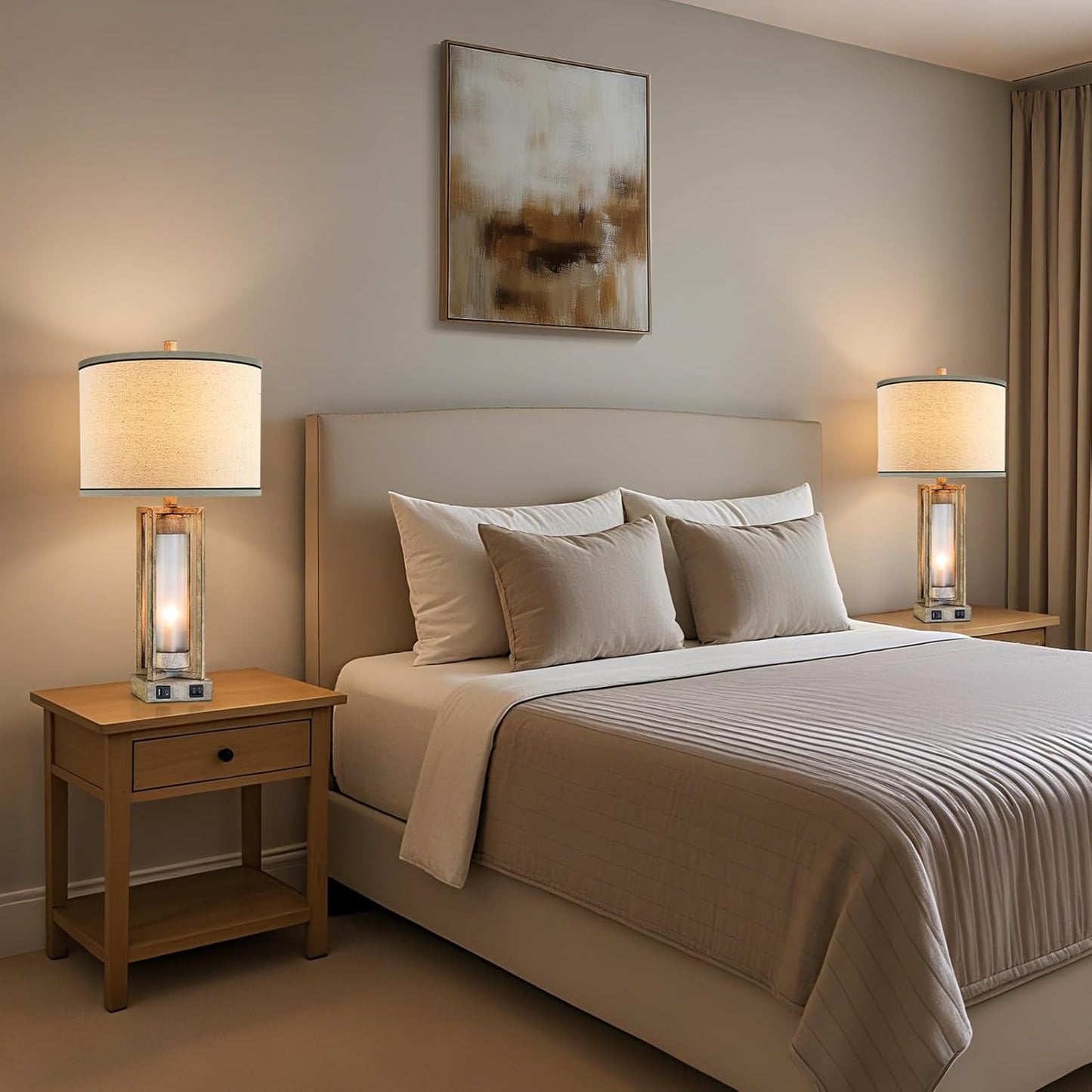 RORIANO 25" Set of 2 Farmhouse Table Lamps for Living Room with USB A+C Ports, Rustic Nightstand Lamp with White Night Light, Vintage Desk Lamp for Entryway Bedroom End Table, 4 Bulbs Included