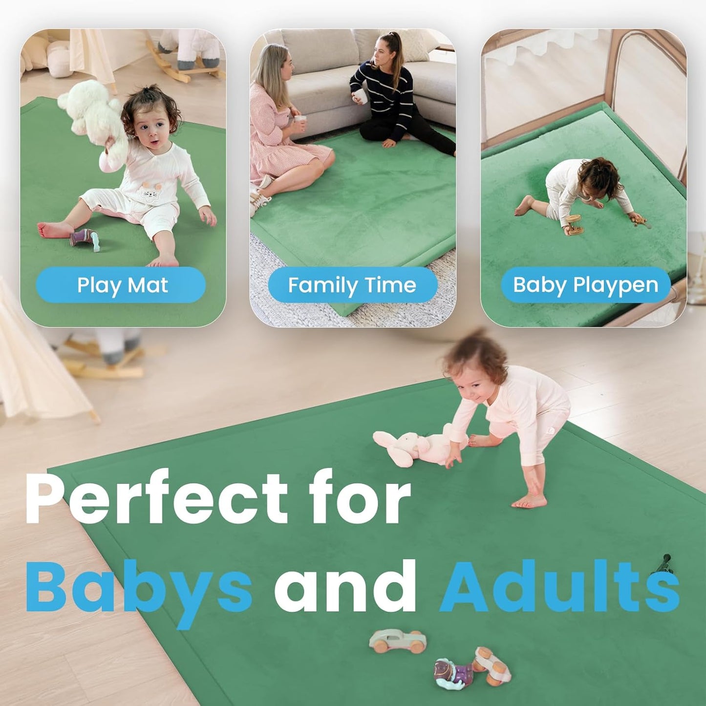 Ultra Soft Baby Play Mat,71"×79" Extra Large Activity Tummy Time Mat for Toddlers,Infants,Kids,1.3" Thick Elasti-Foam Nursery Rug for Floor,Non-Slip Safe for Crawling,Water-Repellent(Emerald)