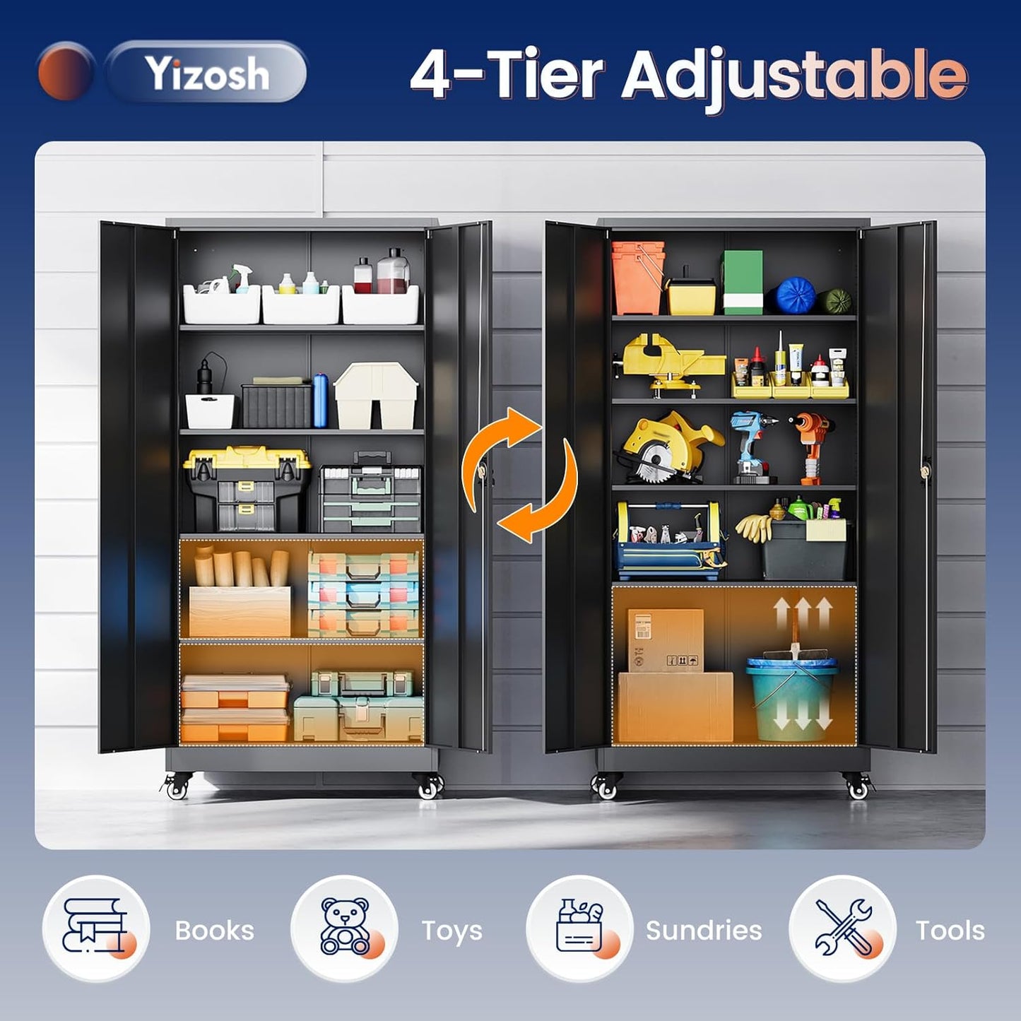 Yizosh Metal Garage Storage Cabinet with Locking Doors and Adjustable Shelves,- 75" Rolling Steel Tool Cabinet for Home Office,Garage,Warehouse