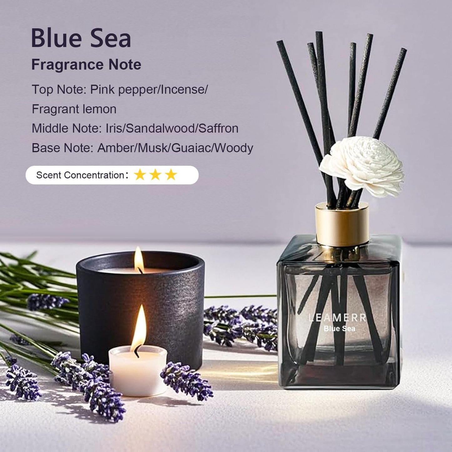 Reed Diffuser Set, 6.1 oz (180 ml) Blue Sea Scented Diffuser with Sticks Long-Lasting Home Fragrance Reed Diffuser for Home Room Office Bathroom Shelf Decor