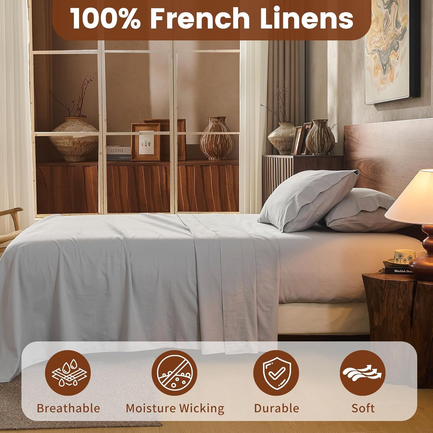 100% Linen Sheets Queen Size,Breathable & Durable 4-Piece Bed Flax Sheet Set,Soft All-Season Bedding for Hot Sleepers 16" Deep Pocket Oeko-TEX Certified,（Queen, Grey）