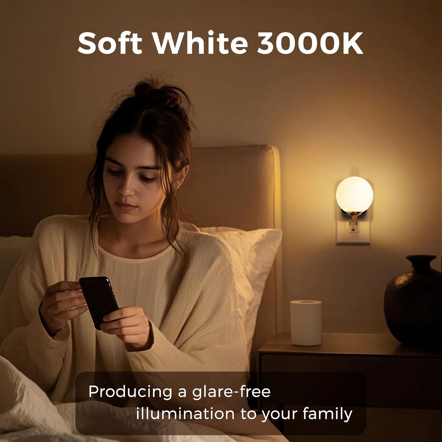 L LOHAS LED Night Lights Plug Into Wall 2 Pack, Dusk to Dawn Sensor, 3000K Nightlight, 0-100LM Adjustable Brightness, 180°Rotating Plug in Night Light for Bathroom, Hallway, Bedroom, Stairway