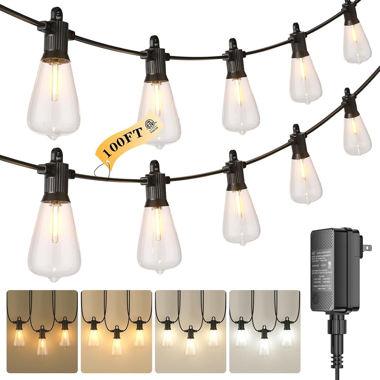 Kawaya Outdoor String Lights for Patio - ST38 Outside IP64 Waterproof Hanging Light with 2700k~6000k Dimmable - 100FT Led Edison Lights for Cafe Bistro Yard Gazebo Porch