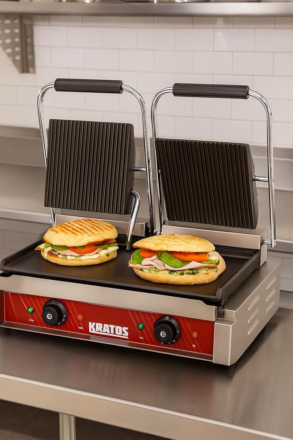 Kratos Commercial Electric Panini Sandwich Grill with Grooved Top and Smooth Bottom Plates, 18.7"x9" Cooking Surface, Commercial Countertop Panini Press, 120V, 3500W (29Y-025)