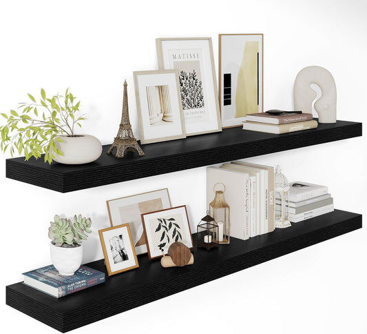 Black Floating Shelves for Wall 48 Inches Long, 12" Deep Wall Shelves 2" Thick, Heavy Duty Shelf for Bedroom, Bathroom, Living Room, Kitchen, Office, Home Decor, Modern Shelf Set of 2, 48" X 12" X 2"