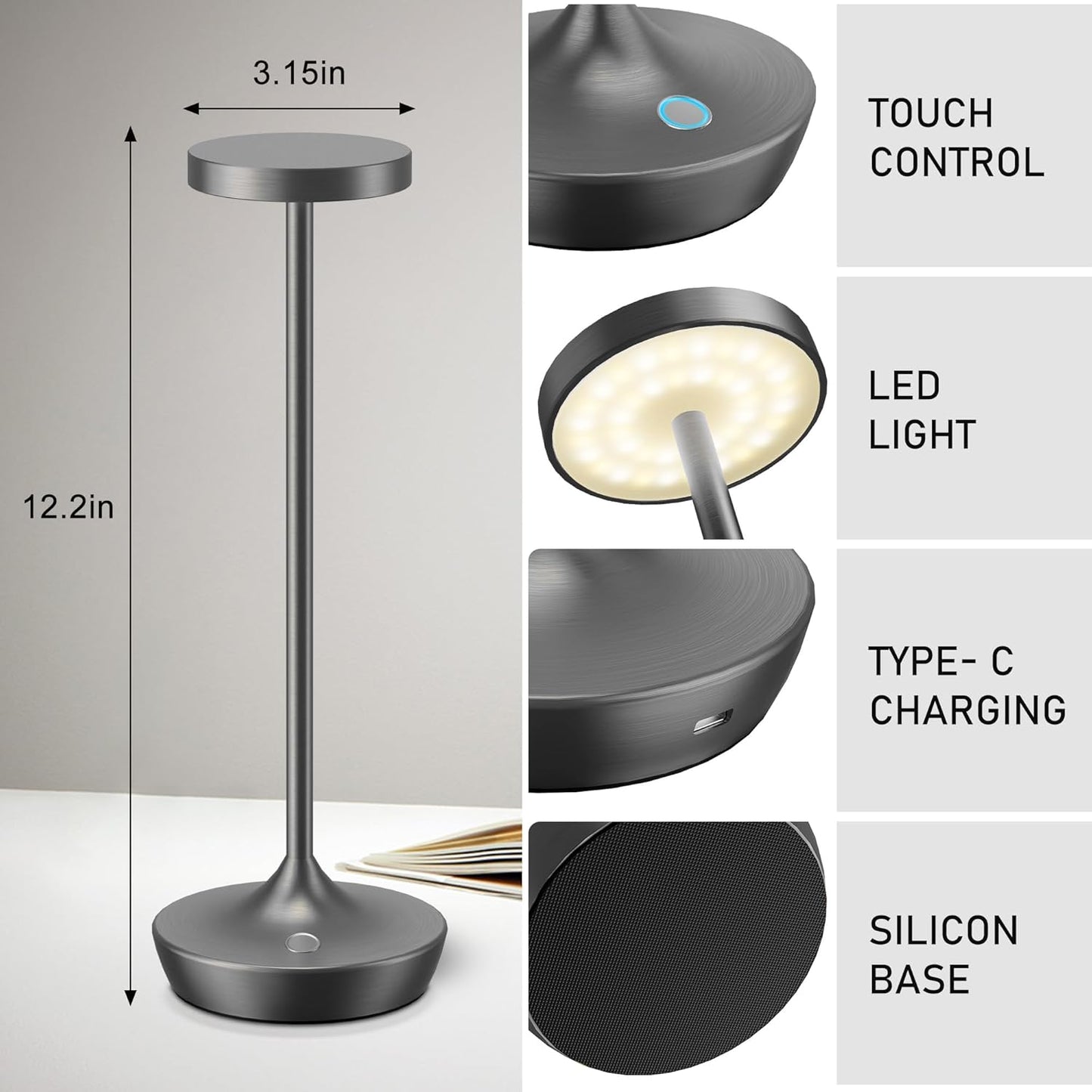 Cordless Table Lamp Outdoor - Rechargeable 6000mAh Battery Operated Table Light - LED Portable Touch Dimmable Waterproof Table Lamps for Patio Restaurant Dining (Grey)