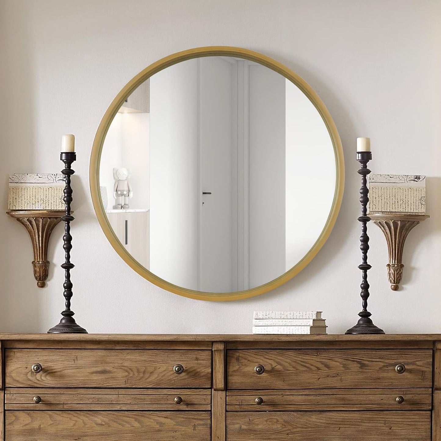 WallBeyond Round Mirror with Wood Frame, 28" Circle Modern Decoration Large Home Decor Mirror for Bathroom Living Room Bedroom Entryway (28" Diameter, Natural Wood)