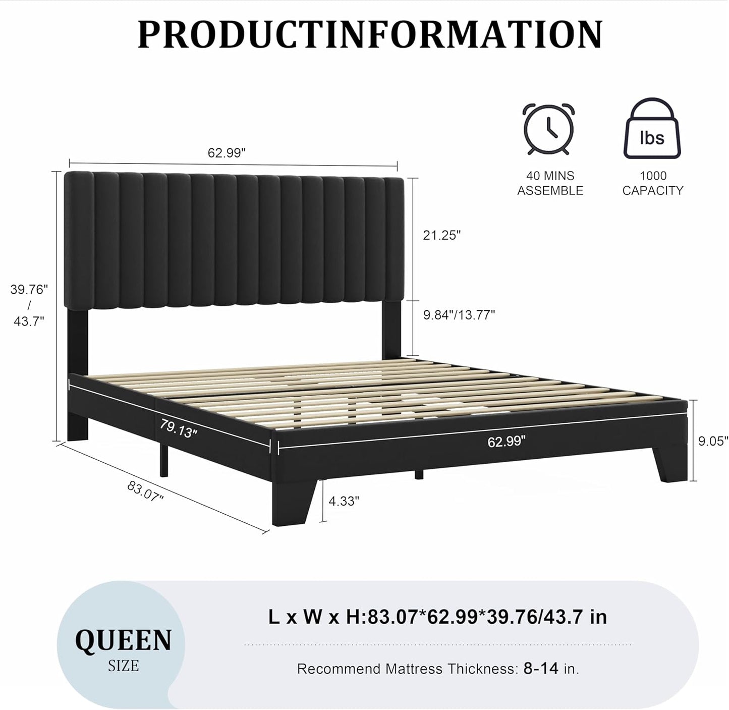 Queen Size Bed Frame with Adjustable Tufted Headboard – Velvet Upholstered Platform Bed, Sturdy Frame & Slats, No Box Spring Needed, Noise-Free, Easy Assembly (Black, Queen)