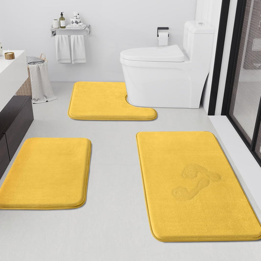 HUXMEYSON Bathroom Rugs Sets 3 Piece, Non-Slip & Quick Dry Bath Mat Set, Ultra Soft Velvet Bath Rugs for Bathroom, Toilet and Shower Floor, Yellow