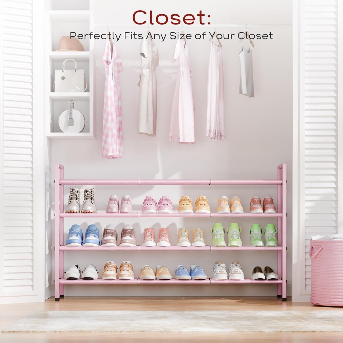 Bumusty 4-Tier Long Expandable Shoe Rack for Closet, 18"-44" Adjustable Shoe Rack for Entryway, 20-24Pairs Large Shoe Organizer Shelf Storage, Sturdy Metal, Black