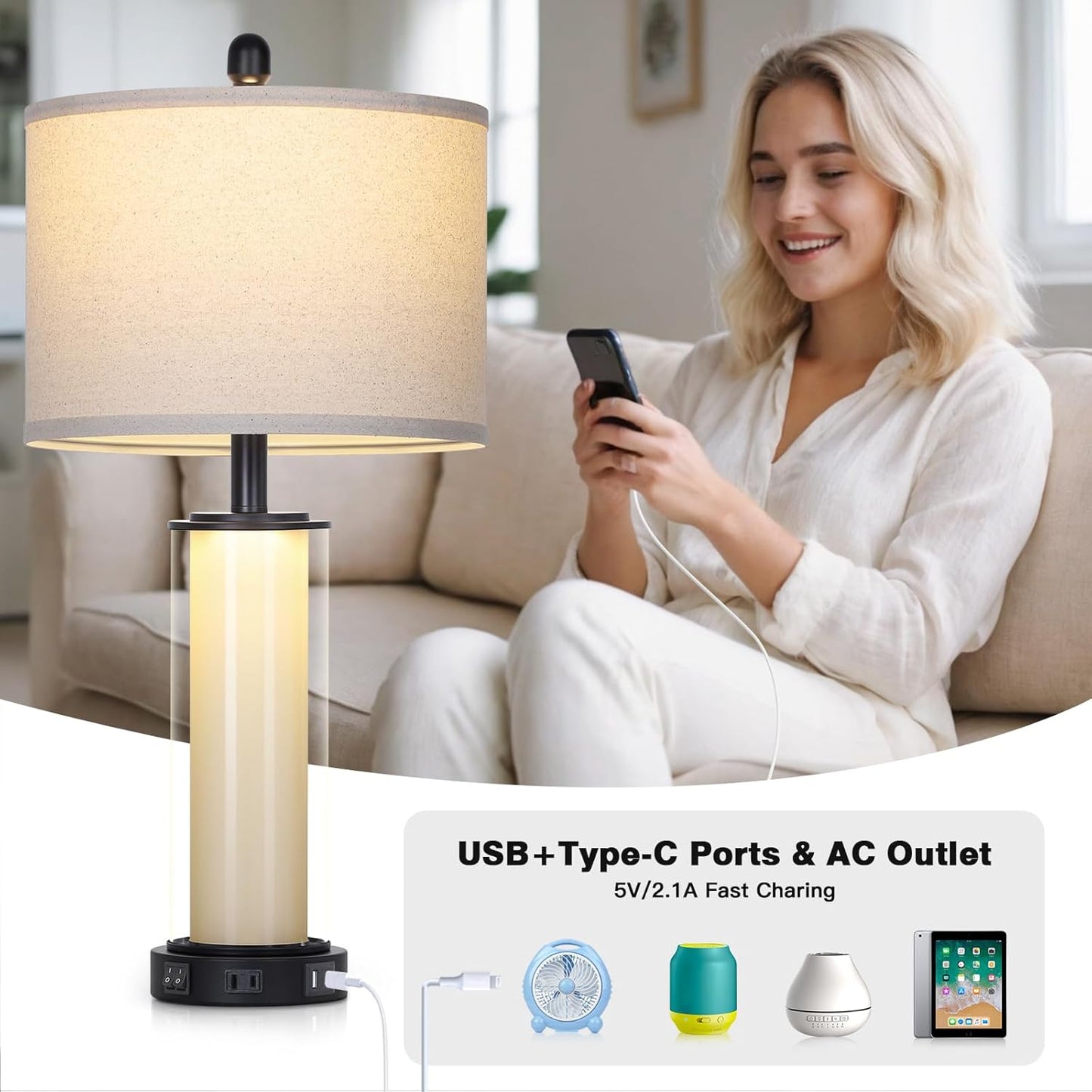Black Glass Table Lamps Set of 2, 26" Living Room Lamp with Built-in Frosted Glass Night Light, Modern Bedroom Lamp with USB C+A Ports & AC Outlet, Bedside Lamps for Nightstand (4 Bulbs Included)