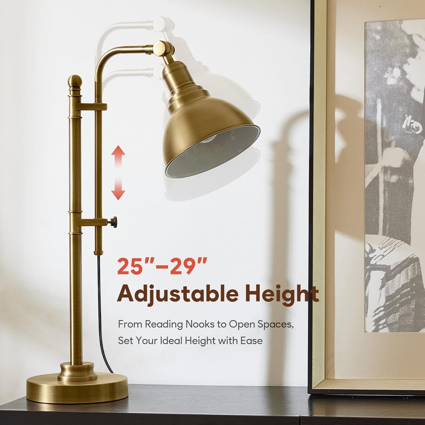 VONLUCE Rustic Desk Lamp Gold Adjustable, Industrial Style Metal Task Lamps 25"-29", Vintage Work Light, Farmhouse Reading Lamp in Brushed Gold Finish, ETL Certificate