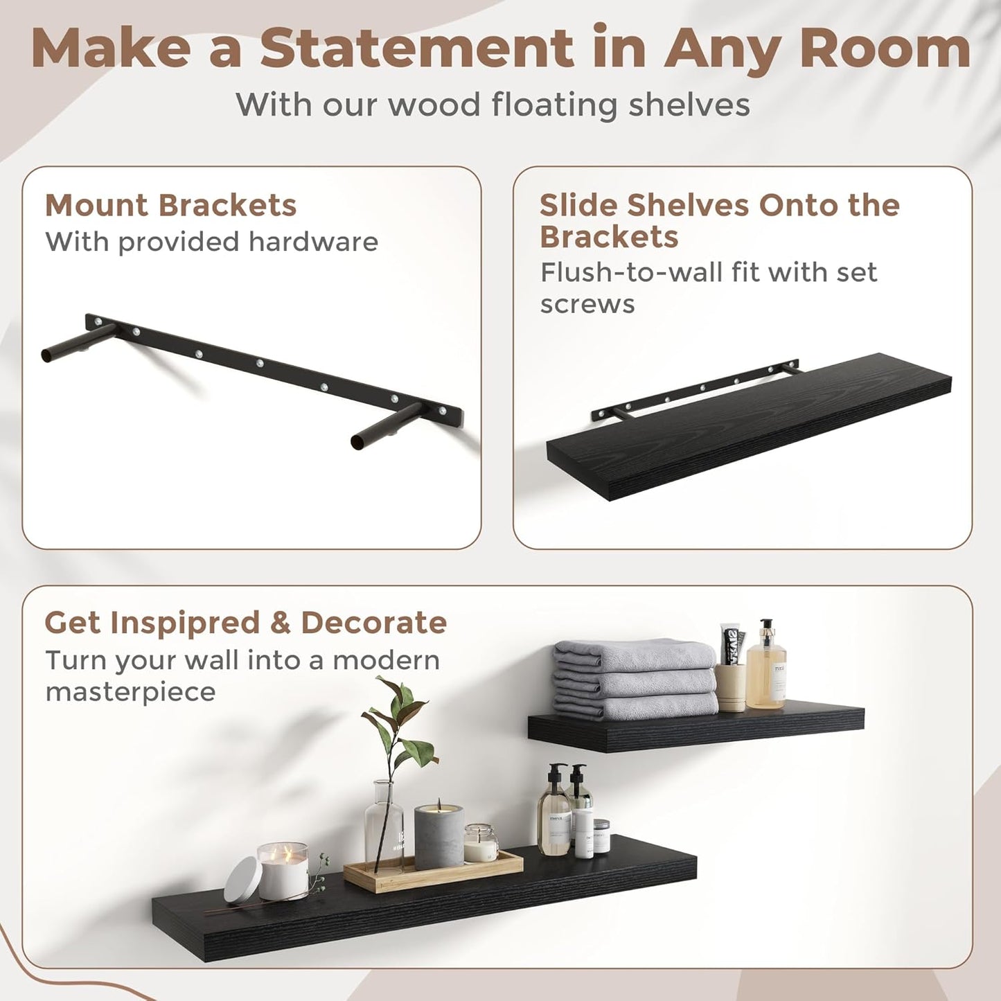 Floating Shelves for Wall with Invisible Brackets, Wall Mounted Engineered Wood Shelves with Wood Grain for Living Room, Bedroom, Bathroom, Kitchen Decor and Storage, Oak, 24"L Set of 2, Black