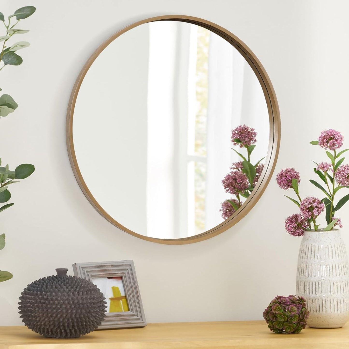 WallBeyond Round Wood Mirror, 32" Round Modern Decoration Large Circle Wall Mirror for Bathroom Living Room Bedroom Entryway, Honey