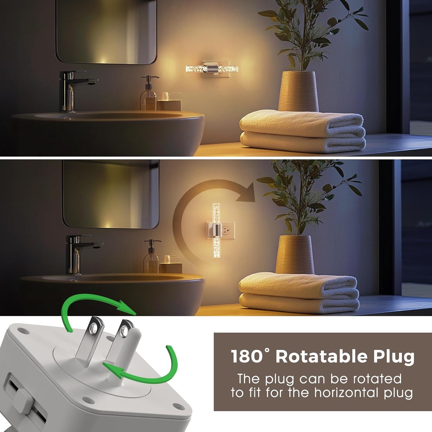 L LOHAS LED Night Light, Night Lights Plug into Wall, 180° Rotating, Auto Light Sensor, Dimmable 100LM, Soft White 3000K, Wall Sconce-Style Design Nightlights for Bedroom Bathroom Hallway, 2 Pack