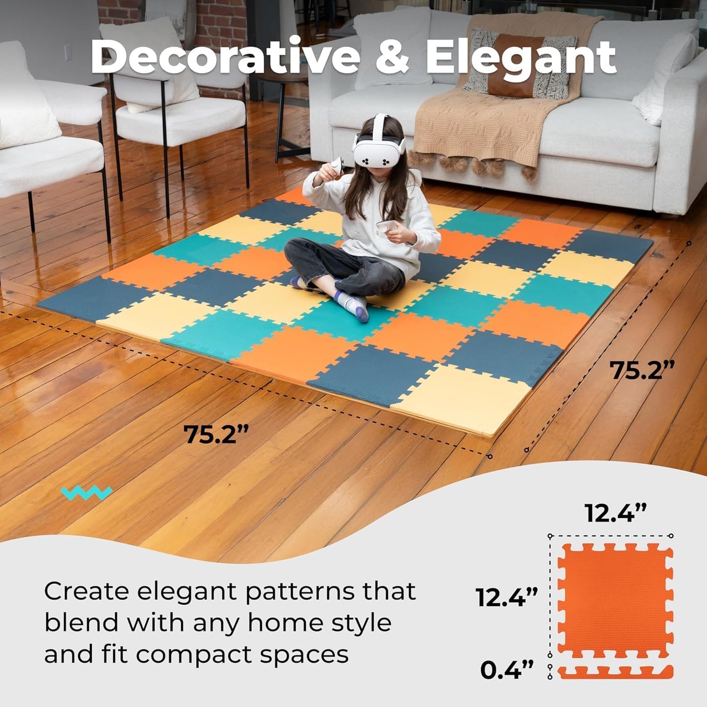 MioTetto Foam Floor Tiles for Kids - Non-Toxic Comfortable Baby Play Mat and Interlocking Foam Tiles, Fits with 74x74 Playpen Mat for Crawling & Development, Soft Play Mat for Babies 6-12 Months