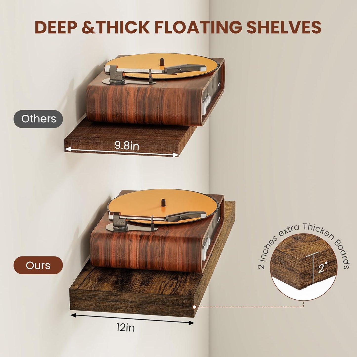 12" Deep Floating Shelves for Wall 55 Inches Long, Heavy Duty Wall Shelves for Bedroom Bathroom Kitchen Laundry Room, Farmhouse Rustic Shelves for Home Decor, 55" X 12" X 2" Set Of 2, Rustic Brown