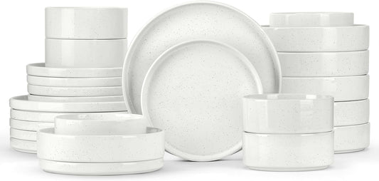 Herogo 24 Piece Dinnerware Sets with Pasta Bowls for 6, Dinner Salad Plates and Cereal Serving Bowls, Stoneware Dishes Dinner Ware for Kitchen Dining, Dishwasher & Microwave Safe, Speckled White