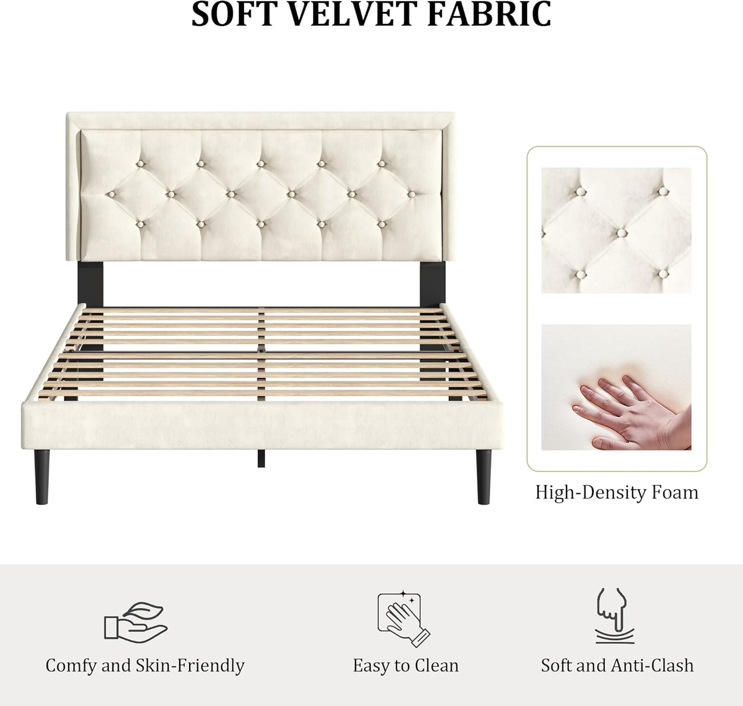 Full Size Platform Bed Frame with Upholstered Velvet Button Tufted Headboard, Mattress Foundation with Wooden Slat Support, No Box Spring Needed, Easy Assembly, Noise Free, Beige