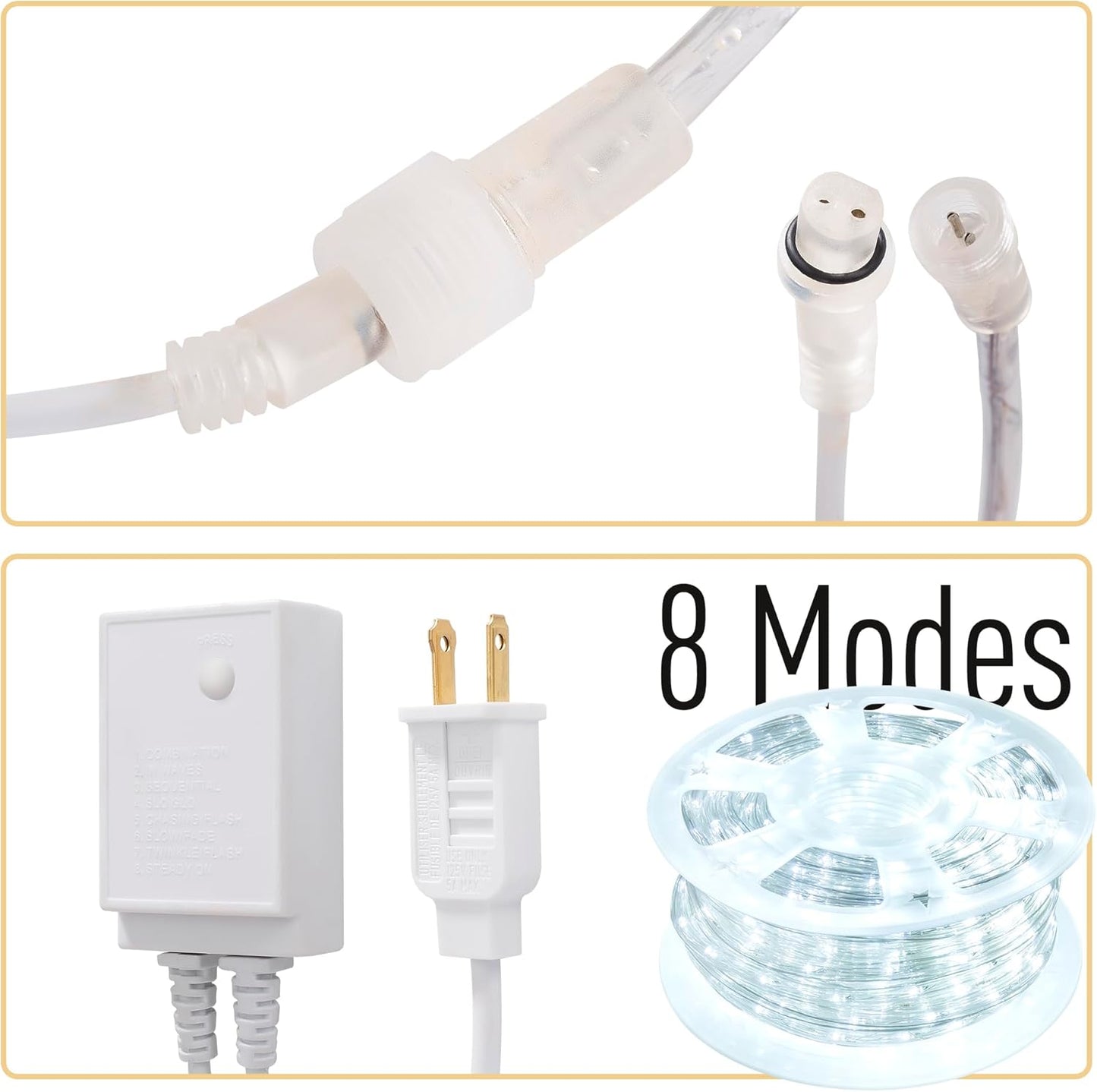 Waterproof LED Rope Lights, Connectable & Flexible with 8 Modes, Outdoor Lighting for Deck, Garden, Pool, Patio & Christmas Decor (White, 100ft)