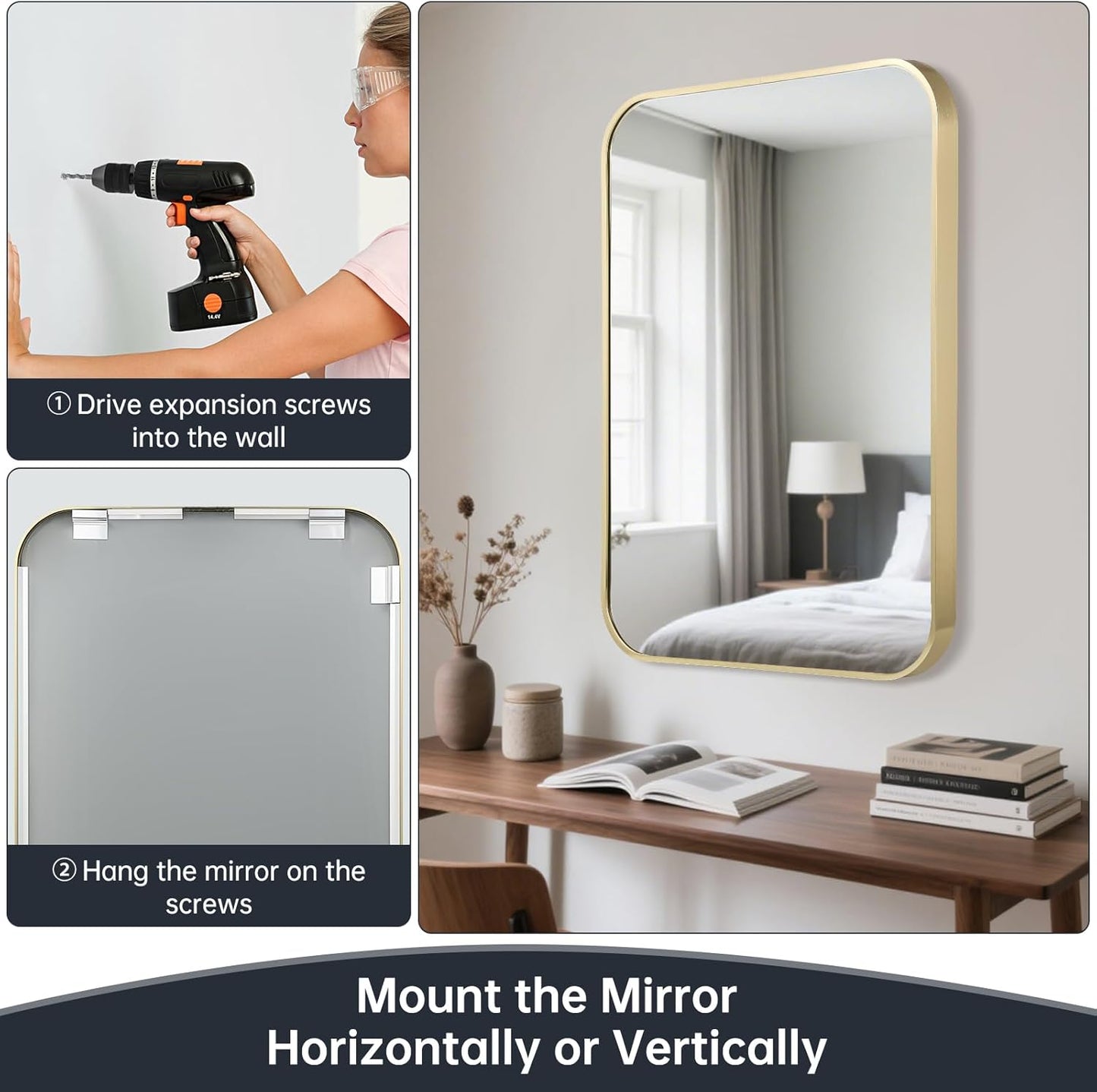 16x24 Inch Bathroom Mirror for Wall,Gold Framed Rectangle Mirror with Rounded Corner,Aluminum Alloy Framed Brushed Wall Mirror for Bedroom or Living Room,Vertical or Horizontal