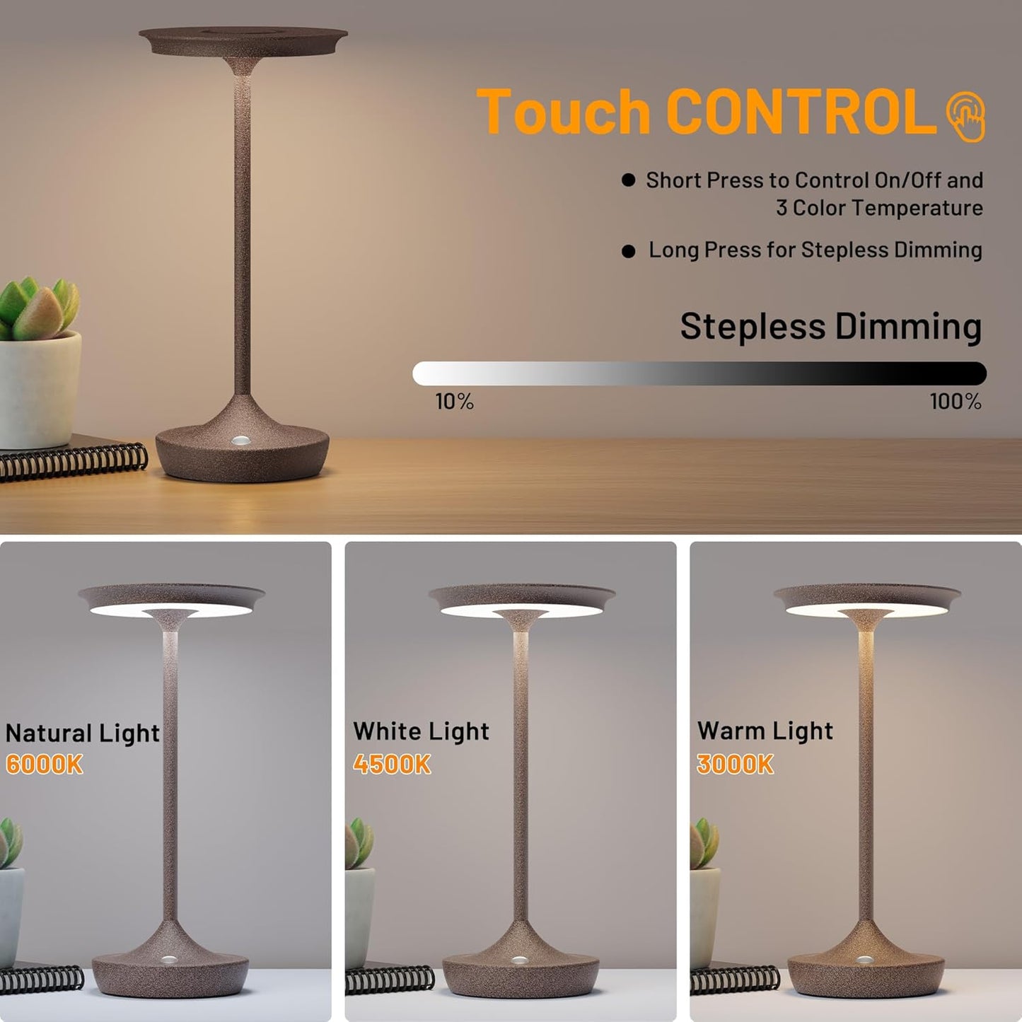 YHT Cordless Rechargeable Table Lamps, Portable 6000mAh Battery Desk Lamp Waterproof 3 Color Stepless Dimming LED Table Light with Memory Function for Outdoor/Dinning/Patio/Restaurant (Rust 1Pack)