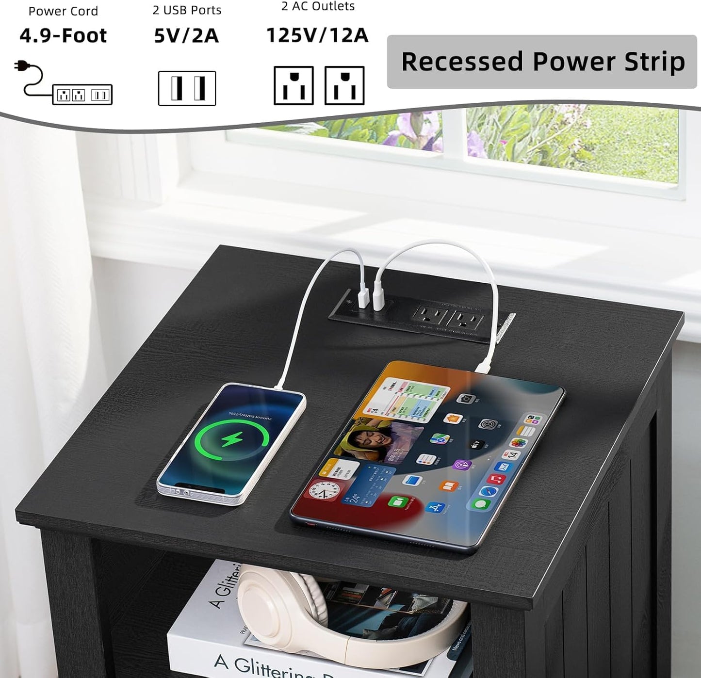 18" Night Stands Set of 2 with Charging Station, Farmhouse 2 & 3 Drawers End Table Dresser for Bedroom, Black Wooden Nightstand, Bed Side Table with Open Shelf, Bedside Cabinet for Living Room