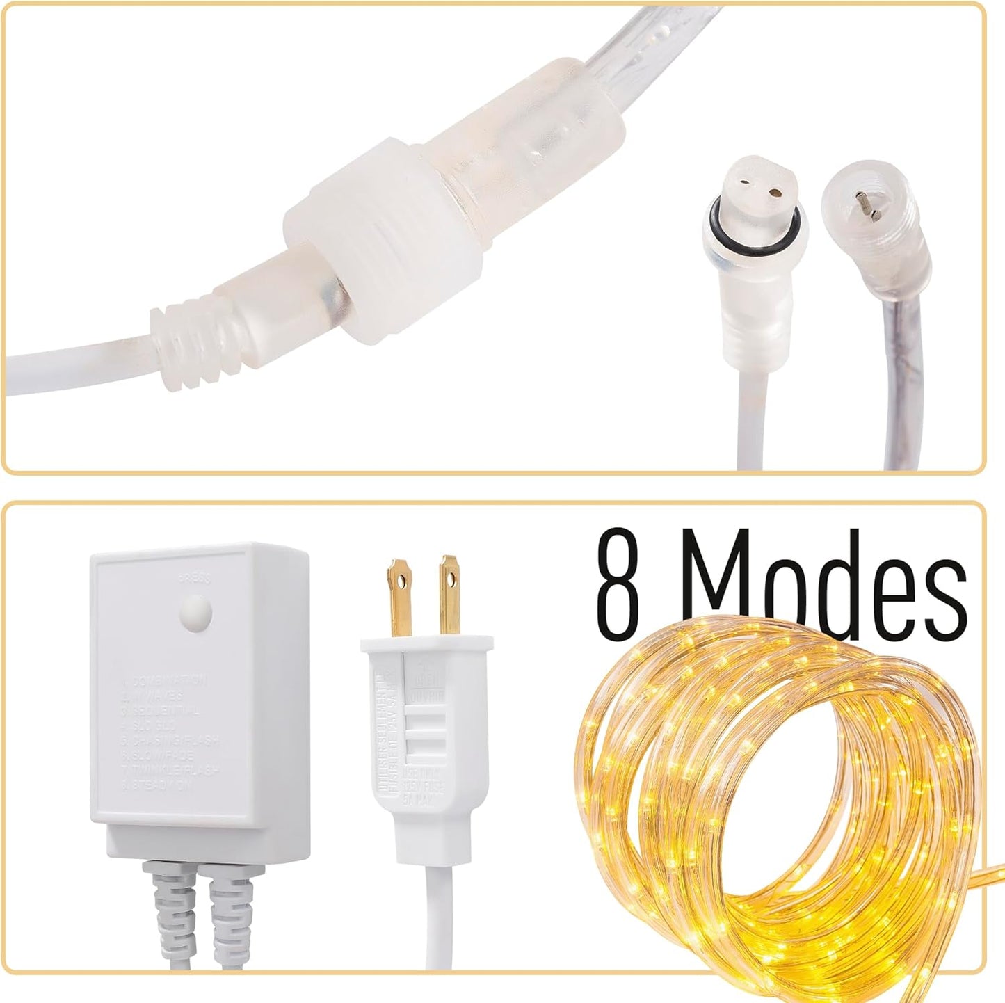 Waterproof LED Rope Lights, Connectable & Flexible with 8 Modes, Outdoor Lighting for Deck, Garden, Pool, Patio & Christmas Decor (Warm White, 50ft)