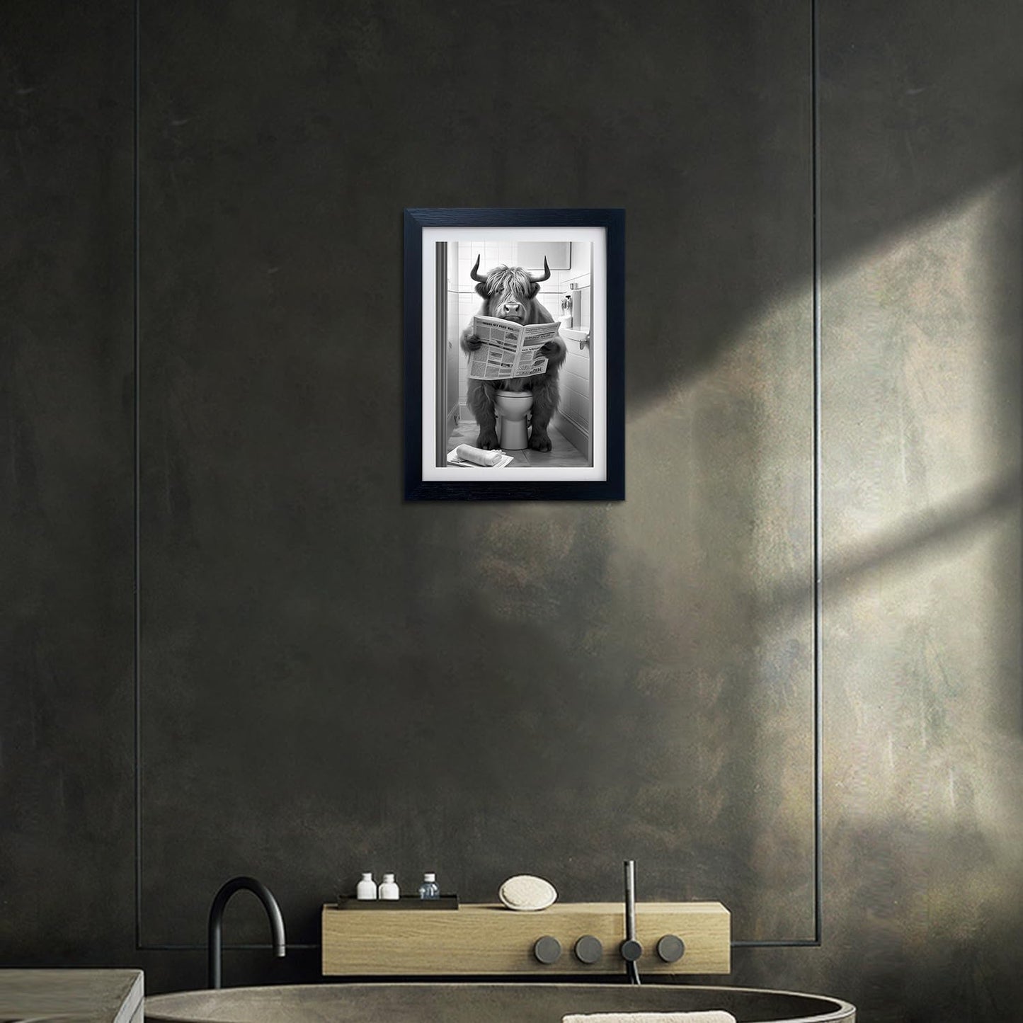 Black and White Bathroom Wall Art Highland Cow on Toilet Decor Funny Animal Canvas Print Bathroom Picture Wall Decor