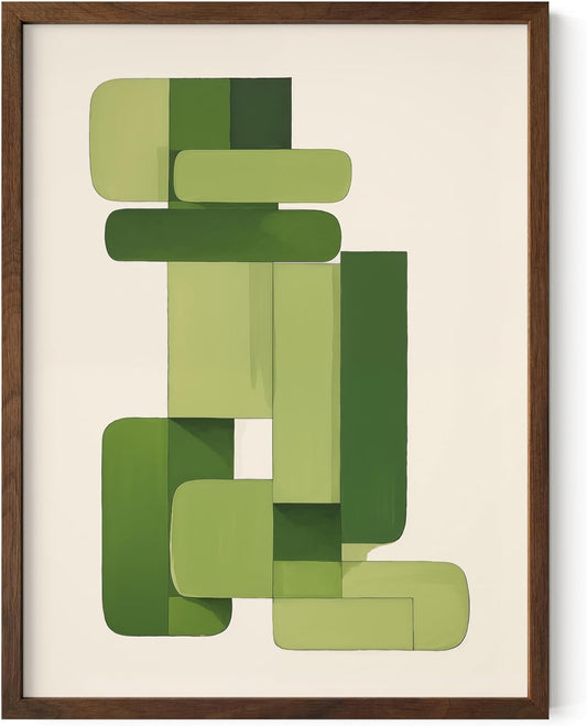 HAUS AND HUES Modern Abstract Wall Art - Blue and Green Living Room Art, Modern Artwork for Walls, Minimalist Picture for Living Room(Green Geometric, Walnut Frame, 12x16)