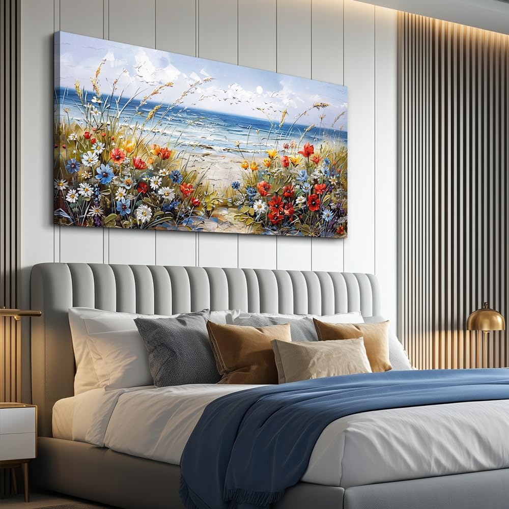 MHARTK66 Wall Decor For Living Room Large Canvas Wall Art Flowers Farmhouse Bedroom Wall Painting Office Blue Watercolor Print Nature Ocean Poster Modern Home Decorations Frames Artwork Easy Hanging