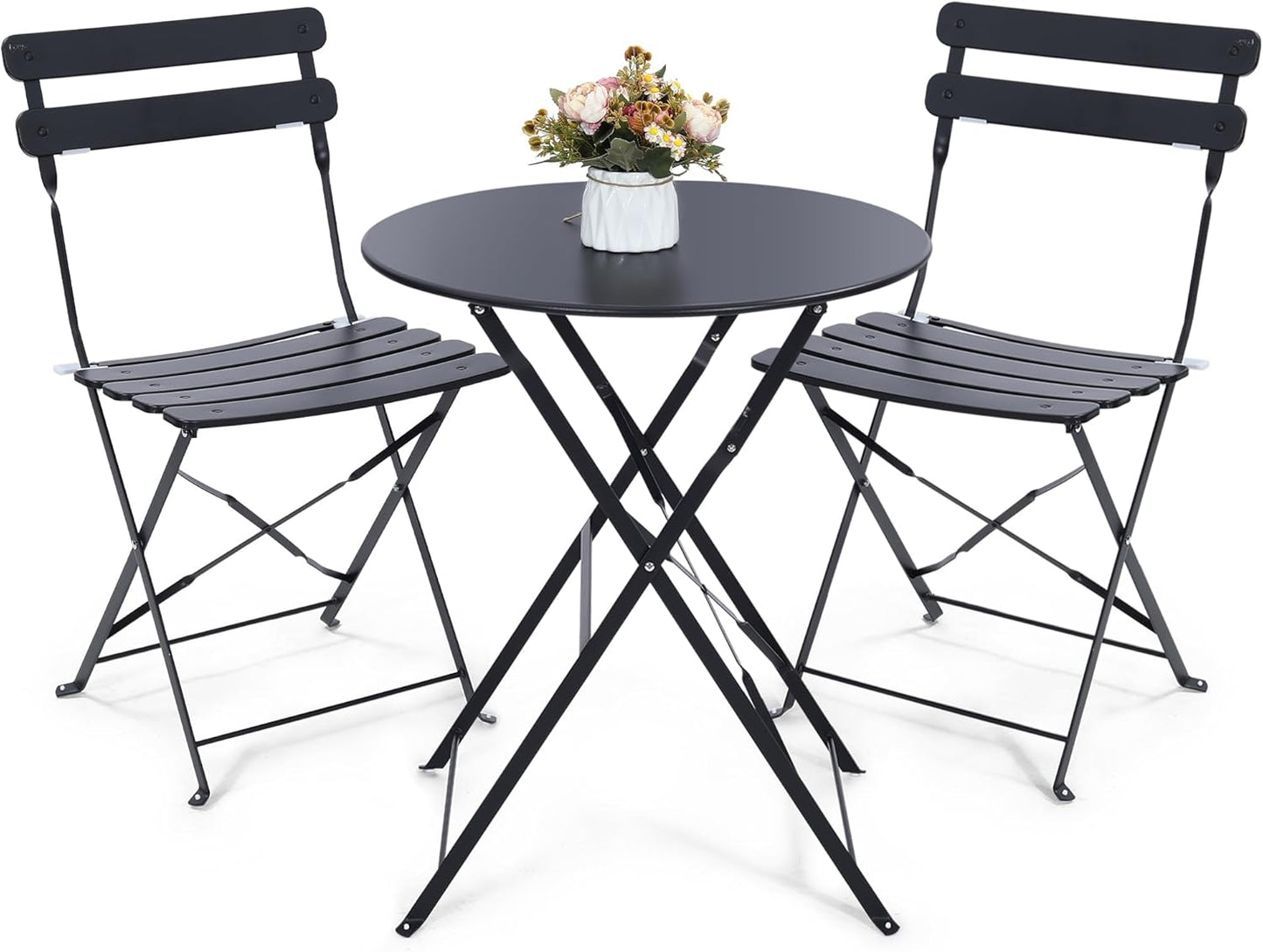 Kromax Outdoor 3 Piece Patio Bistro Set, Folding Bistro Table and 2 Folding Chairs, Patio Conversation Furniture Set, Space Saving, Black