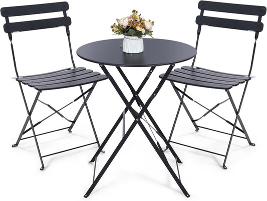 Kromax Outdoor 3 Piece Patio Bistro Set, Folding Bistro Table and 2 Folding Chairs, Patio Conversation Furniture Set, Space Saving, Black