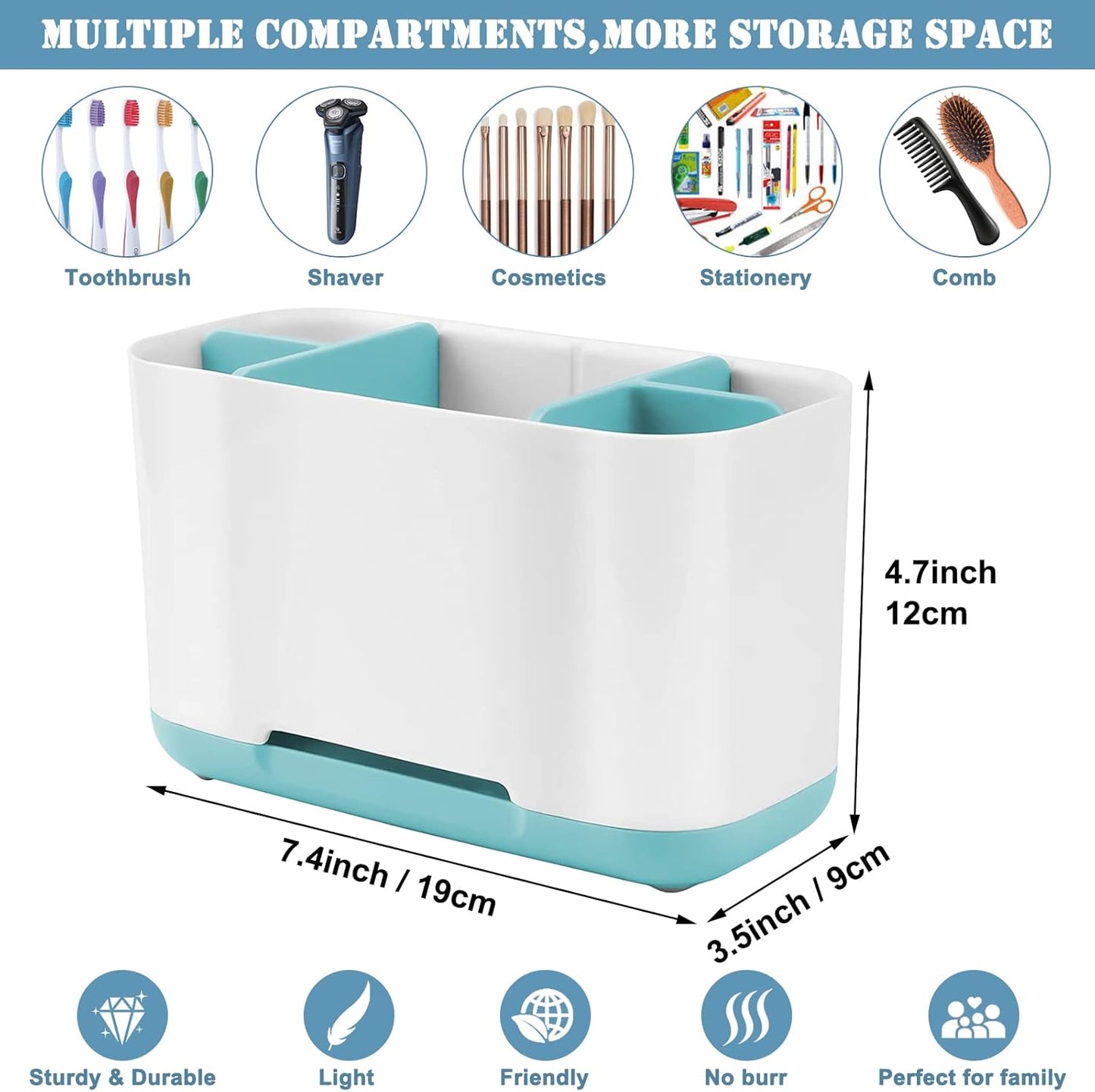 Toothbrush Holder with Anti-Slip,Plastic Detachable for Easy Cleaning Multi-Functional Storage,Large Electric Toothbrush and Toothpaste Organizer Caddy for Bathroom Vanity,Sink,Countertop (Blue)