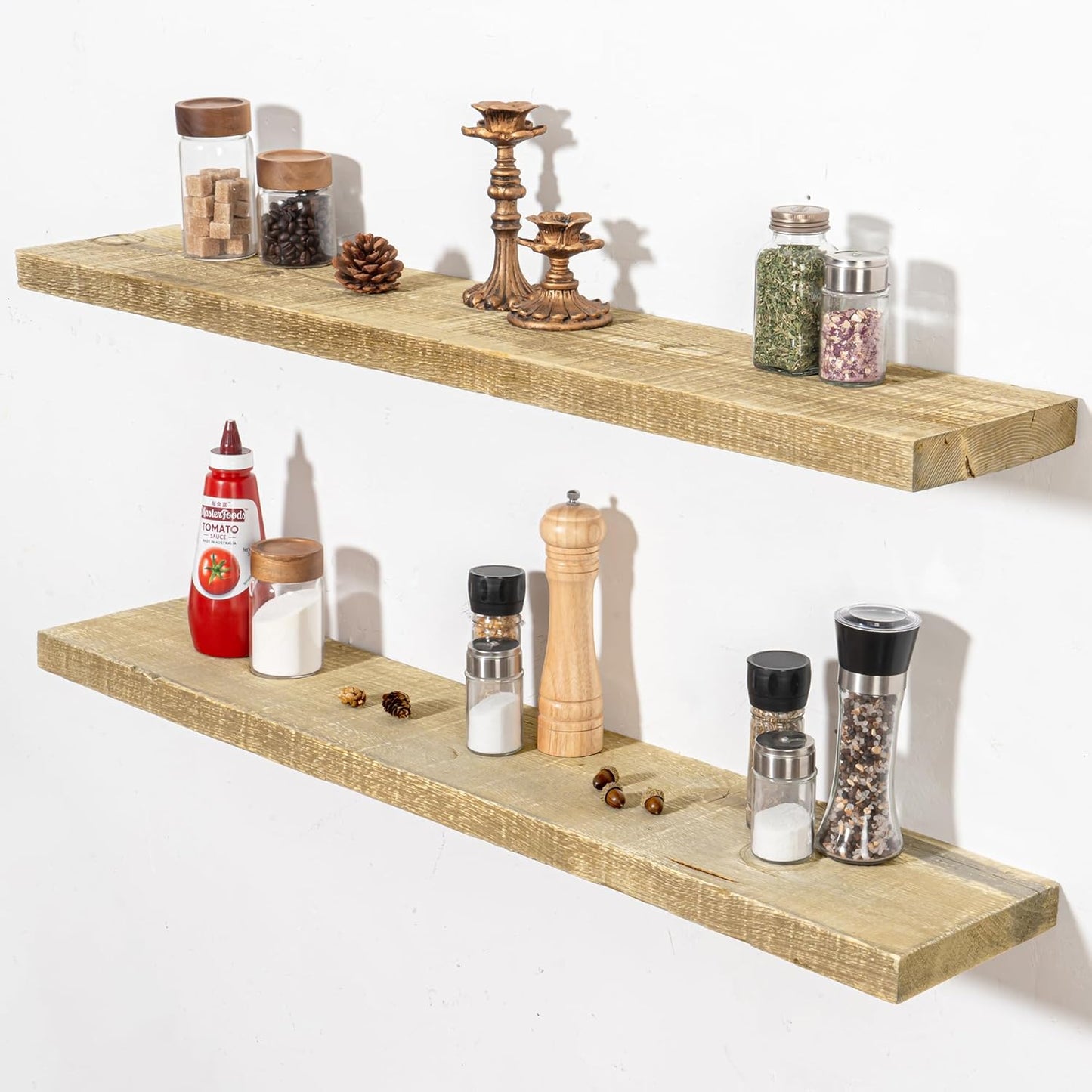 Fun Memories Floating Shelves for Wall Decor, 40"x8" Rustic Reclaimed Wood Shelves, Heavy-Duty Wall Mounted Shelves with Invisible Brackets, Set of 2for Living Room, Bedroom, Kitchen, Natural Finish