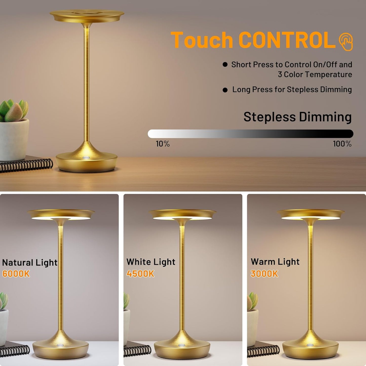 YHT Cordless Rechargeable Table Lamps, Portable 6000mAh Battery Desk Lamp Waterproof 3 Color Stepless Dimming LED Table Light with Memory Function for Outdoor/Dinning/Patio/Restaurant (Gold 1Pack)