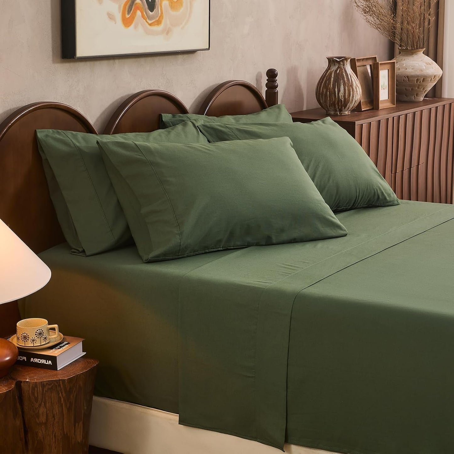 100% Linen Sheet Set Queen Size Extra Deep Pocket Fits 18-24 Inch Mattress, Breathable & Soft, Smooth 6-Piece Set for Thick Mattresses Hotel Luxury Bedding（Queen, Forest Green）