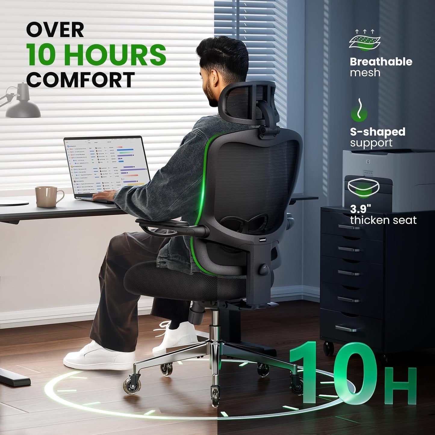 Ergonomic Office Chair with Upgraded Rubber Wheels for Big and Tall, Adjustable High Back Computer Chair 350lbs with 3D Headrest, Lumbar Support, Flip-up Arms, Mesh Desk Chair for Long Work Hours