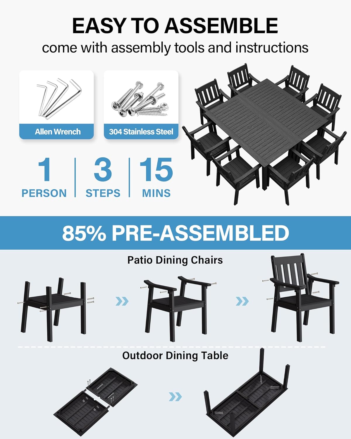 YEFU HIPS Patio Table Set: 10 Piece Outdoor Table and Chairs Dining Furniture Set with Umbrella Hole - Black Modern Plastic Dining Sets 8 Person for Outside Deck with Metal Aluminum Frame