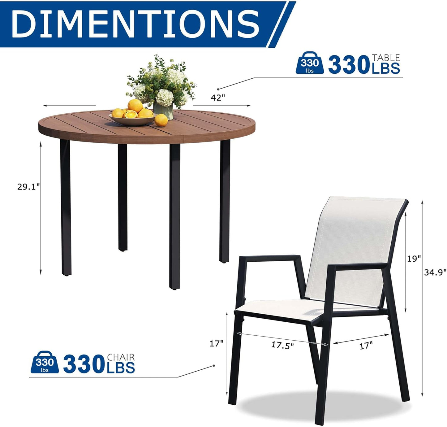 5 Piece Outdoor Dining Set, Patio Table and Chairs Set of 4, 42" Walnut Round Patio Table with 4 Oyster Beige Stackable Patio Chairs for Lawn, Garden, Porch