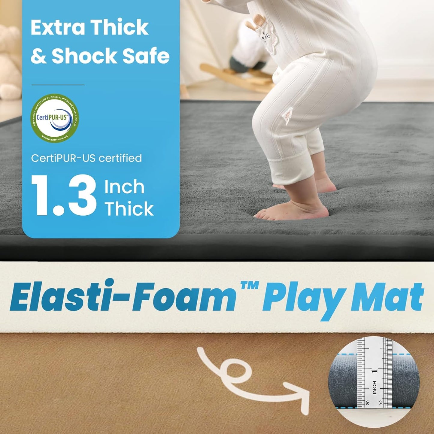 1.3" Thick Baby Play Mat for Floor Playpen, 50x50 Foam Tummy Time Mat, Padded Support Soft Plush Nursery Rug for Infant Kids Toddler Crawling Kick Activity (Dark Grey)