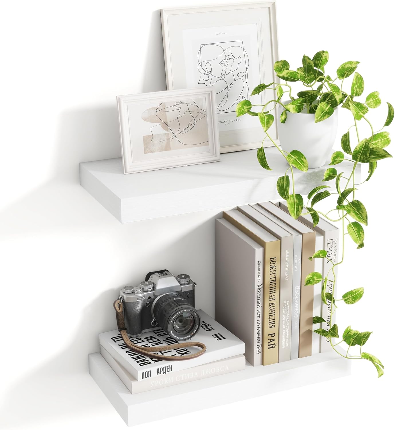 16 Inch Floating Shelves, 8 Inch Deep Floating Shelves for Wall, Hanging Shelf with Invisible Brackets, Deep Shelves for Bathroom, Bedroom, Living Room, White, Set of 2