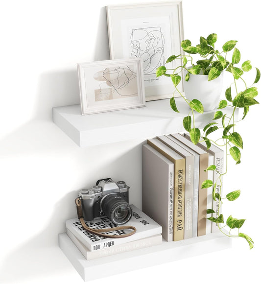16 Inch Floating Shelves, 8 Inch Deep Floating Shelves for Wall, Hanging Shelf with Invisible Brackets, Deep Shelves for Bathroom, Bedroom, Living Room, White, Set of 2