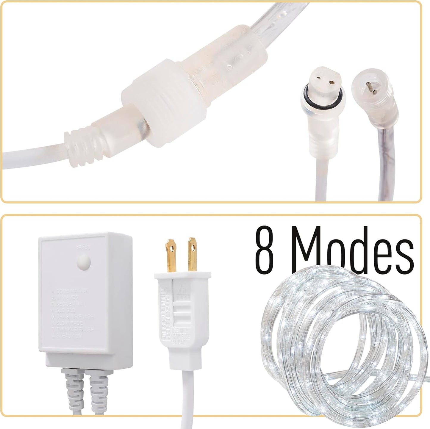 Waterproof LED Rope Lights, Connectable & Flexible with 8 Modes, Outdoor Lighting for Deck, Garden, Pool, Patio & Christmas Decor (White, 20ft)