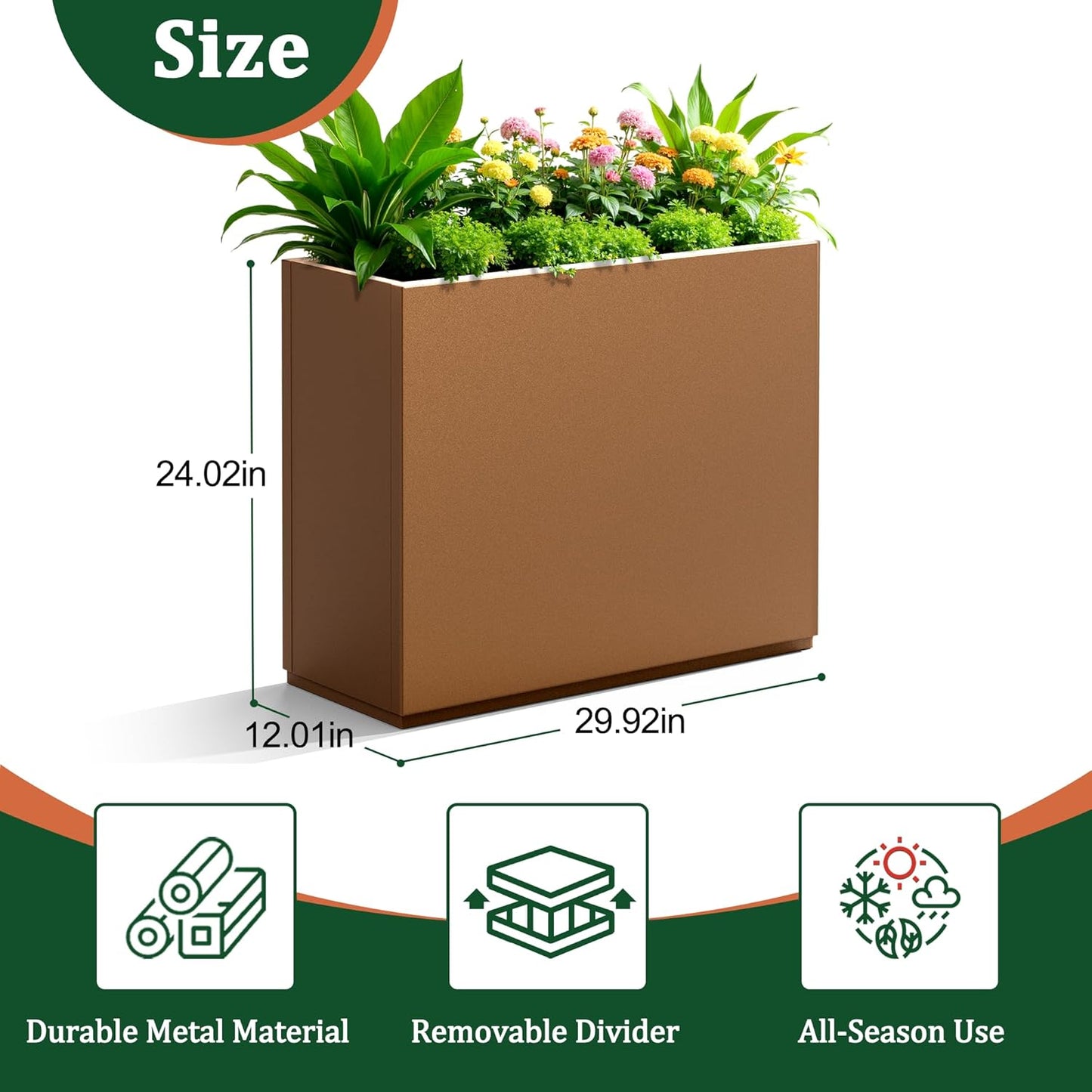 Large Rectangle Planter Metal Brown Planter Box with a Drainage Hole and a Removable Divider Indoor Outdoor Porch Pots for Tall Plants, Trees, Flowers 29.92" x 12.01" x 24.02" Brown