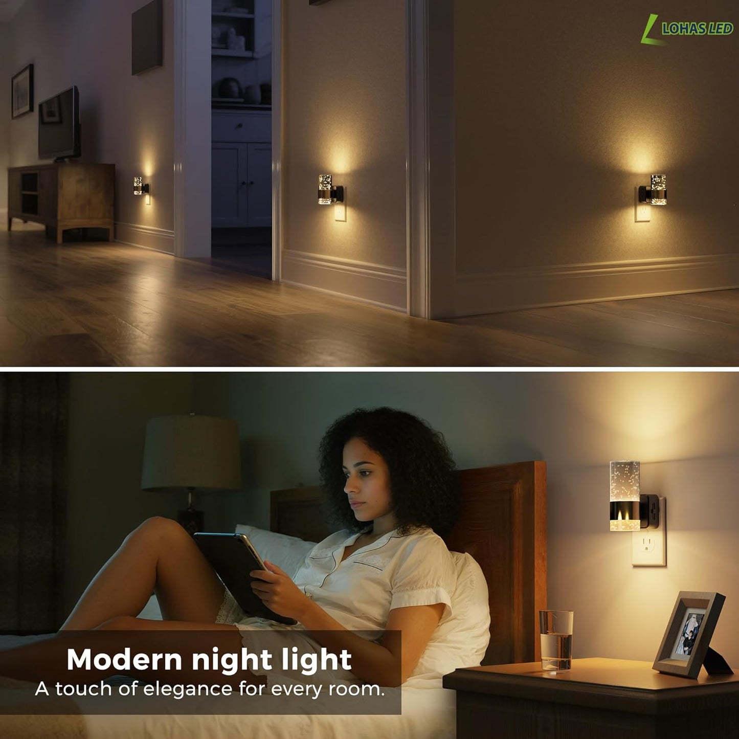L LOHAS LED Night Lights Plug into Wall, 2 Pack Acrylic Night Light,Dimmable Nightlight with 0-100 LM Adjustable Brightness, 3000K Plug in Night Light with Dusk to Dawn Sensor, for Bathroom Hallway