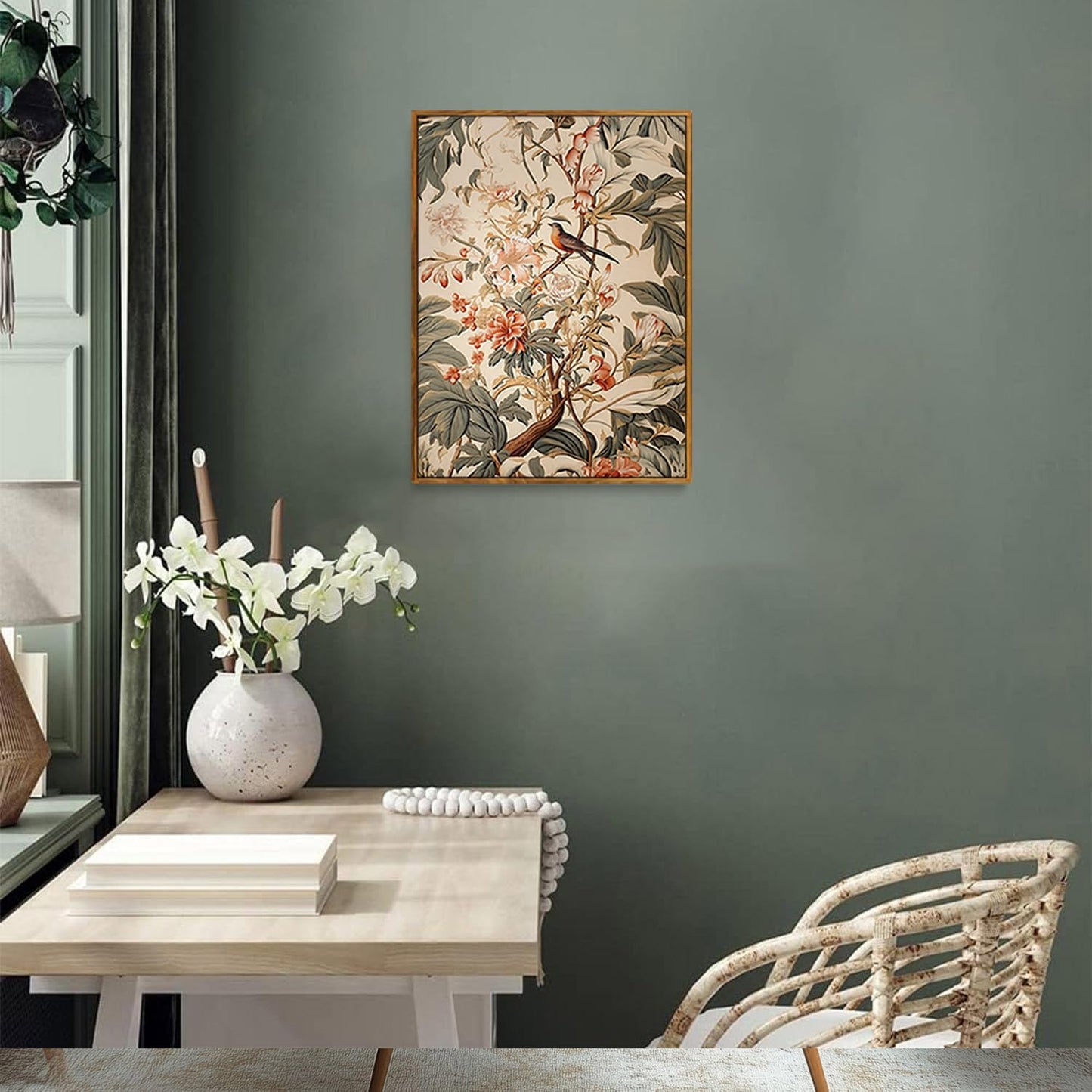 Djmwtb Vintage Framed Wall Art Floral Bird Canvas Wall Art Botanical Flower Art Prints Nature Painting Pictures Wall Decor Artwork for Bedroom Living Room 8x10in