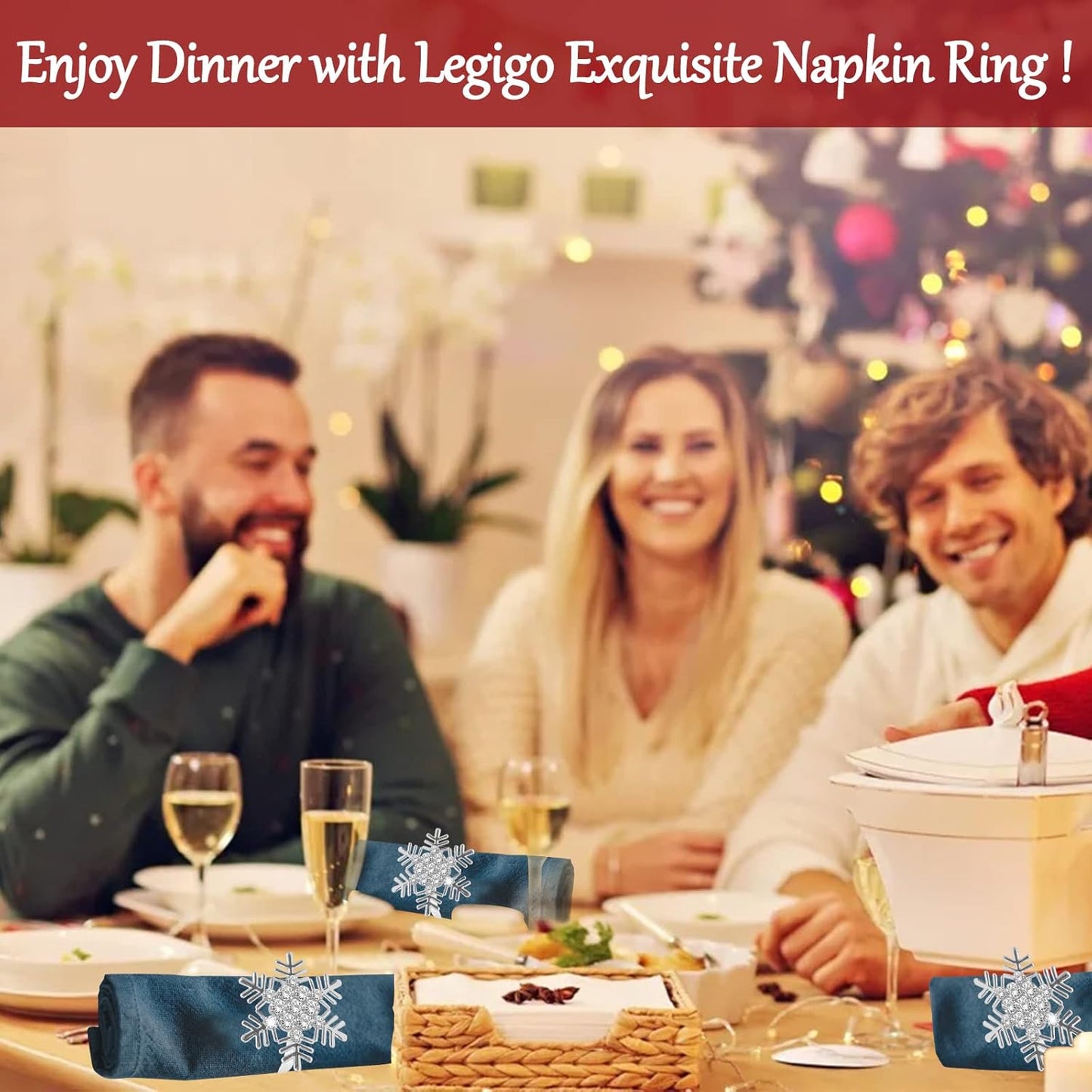 Legigo Set of 12 Christmas Snowflake Napkin Rings Set- Metal Diamond Snow Xmas Napkin Ring Holders for Cloth Napkins, Christmas Holiday Party Dinner Table Decoration