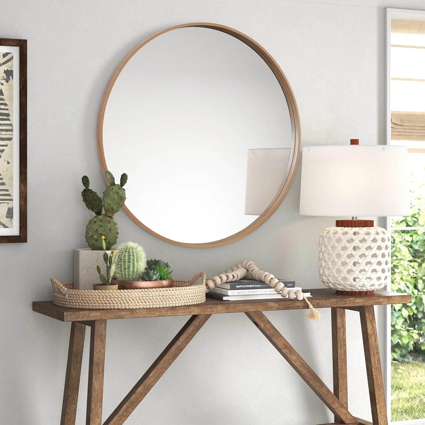 WallBeyond Round Wood Mirror, 36" Round Modern Decoration Large Circle Wall Mirror for Bathroom Living Room Bedroom Entryway, Honey